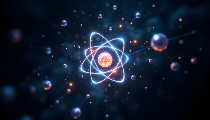A mesmerizing depiction of a luminous nuclear model set against a deep, dark backdrop. The 3D atom icon pulsates with a soft, internal glow, highlighting the intricate molecule structure