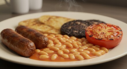 Savory Full English Breakfast: A hearty, steaming plate of sausages, beans, toast, black pudding, and grilled tomato awaits.