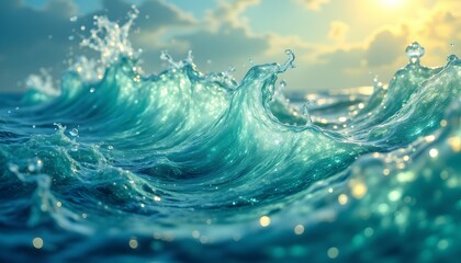 Intricate, interlacing crests of translucent material swell and curl, mimicking the energy of ocean swells under intense sunlight