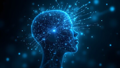 A photorealistic close up of a translucent, geometric human head formed from interwoven light beams and shimmering digital particles