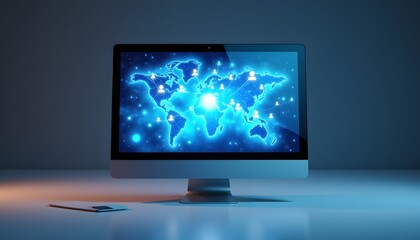A sleek, modern desktop computer sits on a clean surface, its screen displaying a vibrant, layered hologram