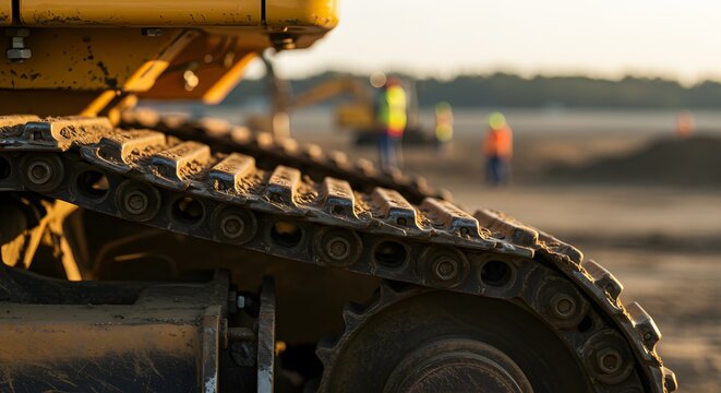 Close-up detail of a large yellow excavator's heavy-duty tracks on a construction site with blurred workers in the background under a soft sky