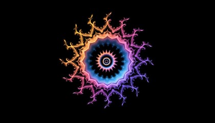 An intricate, spiraling fractal design bursts forth against a stark black backdrop, its delicate tendrils radiating outwards like an ethereal explosion
