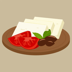 Feta cheese and tomato slices with olives. Pieces of traditional Greek feta cheese on wooden cutting board with tomatoes and olives. Dairy product appetizer dish from Greece. Vector illustration