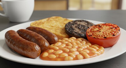 Indulge in a hearty full English breakfast, complete with juicy sausages, baked beans, and grilled tomato.