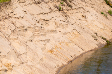 Eroded riverbank with sandy cliffs and water flow