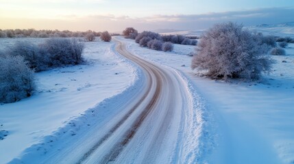 Obraz premium A picturesque view of a winding road blanketed in snow, surrounded by frosty trees that capture the essence of winter’s beauty, evoking feelings of adventure and tranquility on a cold day.