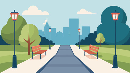 Urban City Park Pathway Vector Flat Design with Trees and Benches