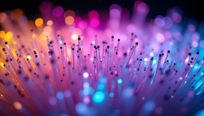 A close up shot reveals a dense cluster of illuminated optical fibers, their polished ends emitting a soft, ethereal glow in a variety of pastel colors