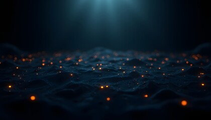 A high resolution, dynamic background features interconnected glowing light structures against a dark, hazy backdrop