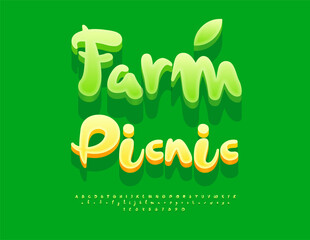 Vector Event poster Farm Picnic. Eco Green Font. Playful 3D Alphabet Letters and Numbers set.