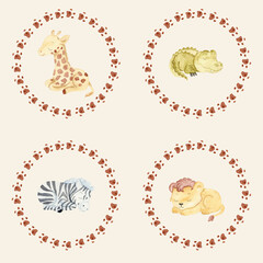 Watercolor Sleeping Safari Animals in Paw Print Frames: Giraffe, Crocodile, Zebra, Lion on Light Beige Background &ndash; Adorable Kids' Art