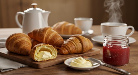 Warm morning light illuminates a rustic breakfast scene of flaky croissants, butter, jam, and steaming tea.