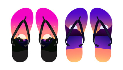 Sandal. Colorful flip flops with tropical sunset and beach landscape silhouette inside. Perfect for summer, vacation, travel, or holiday-themed design projects. for summer vacation themes