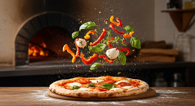 Fresh Pizza Toppings Explode onto a Delicious, Ready-to-Eat Pie