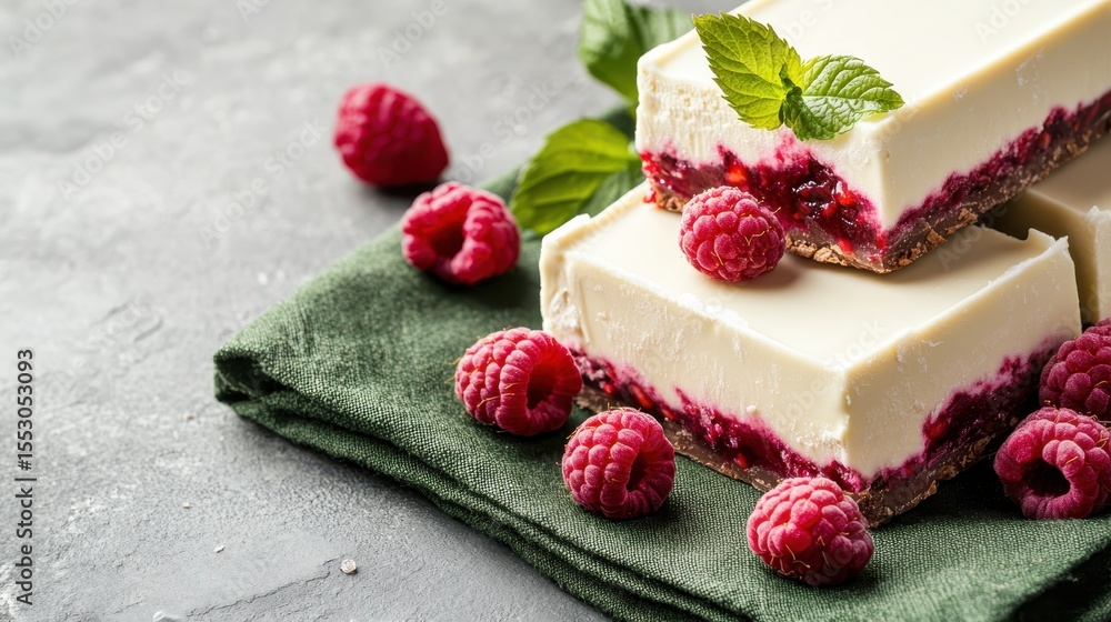Poster tempting slices of raspberry cream cake are arranged on a rustic table, decorated with fresh raspber
