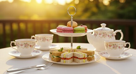 Golden Hour Tea Party: Delicate Sandwiches and Macarons Await