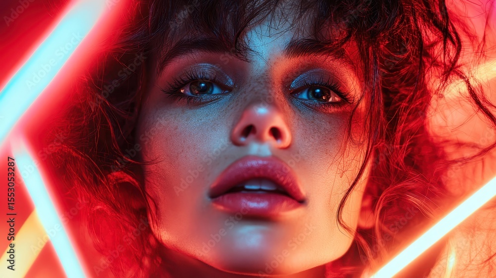 Poster a captivating close-up portrait features a person illuminated by stunning neon lighting, emphasizing