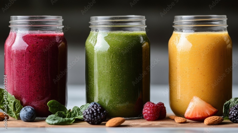 Aufkleber this image features three beautifully arranged jars of vibrant smoothies, showcasing an array of hea