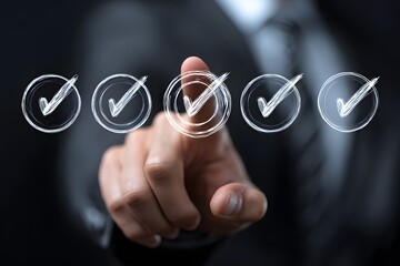 Businessmans Finger Touching Checkmark Symbols.