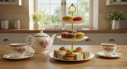 Elegant afternoon tea setting with delicate pastries and floral teacups.
