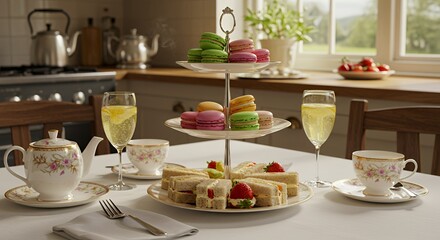 Elegant Afternoon Tea Setting with Macarons and Sandwiches