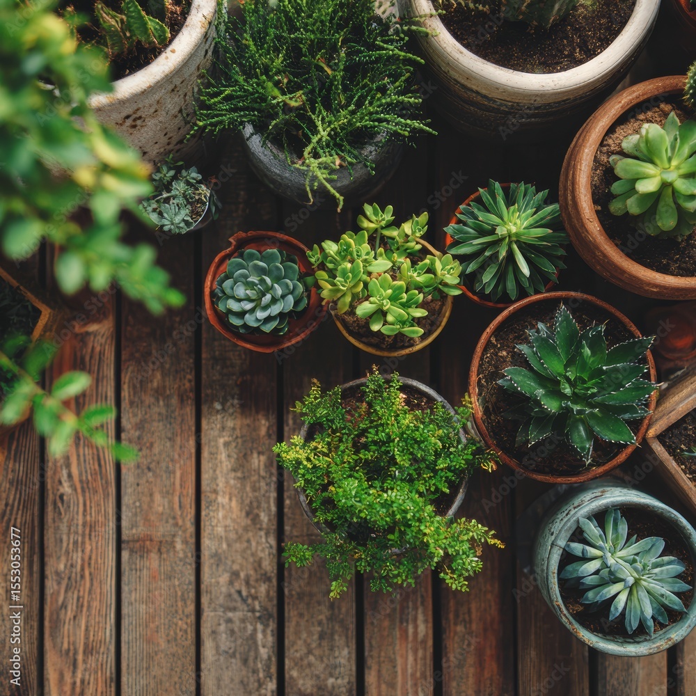 Poster a collection of potted plants arranged on a rustic wooden surface. the diverse selection of greenery