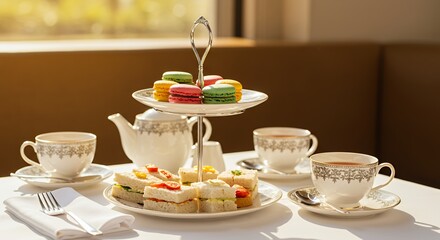 Indulge in Afternoon Tea: Delicate Sandwiches, Macarons, and Warm Tea Await