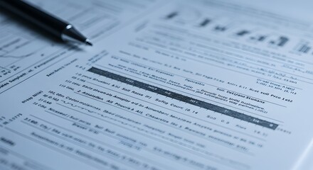 Obraz premium Close-up photo of a pen resting on a document with various charts and graphs, indicating analysis, research, and financial planning for business growth and strategic decision-making processes