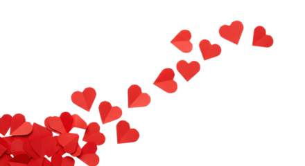 Red paper hearts scattered on a transparent png