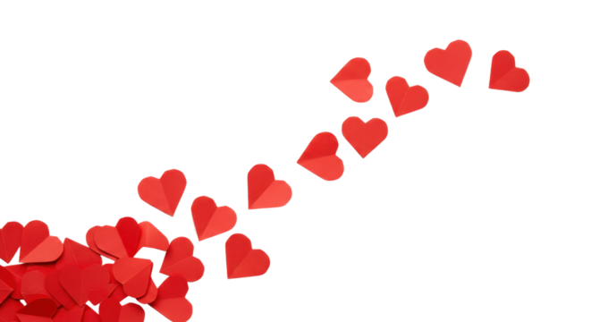 Red paper hearts scattered on a transparent png