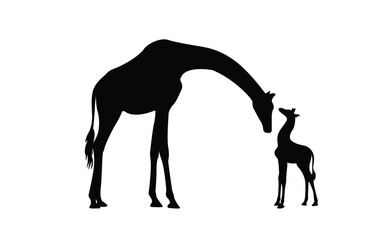 Silhouette of mother giraffe and baby, isolated background. Vector illustration.