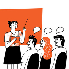 The teacher is giving tutoring to office workers. Hand-drawn vector illustration.
