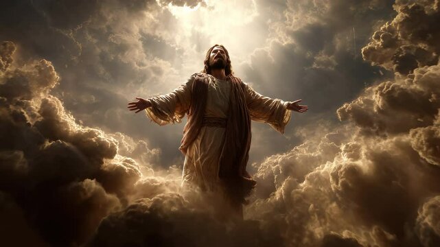 Photorealistic depiction pushing towards Jesus' ascension surrounded by radiant clouds, evoking a sense of divine majesty and serenity. Inspired by biblical accounts of ascension.