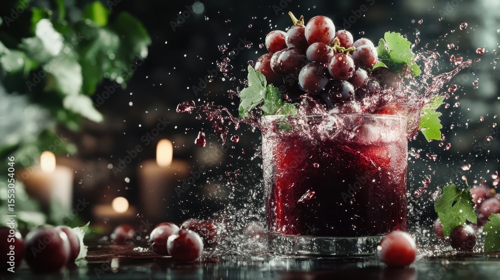 Poster this dynamic image depicts a glass filled with a refreshing drink where fresh grapes splash into the