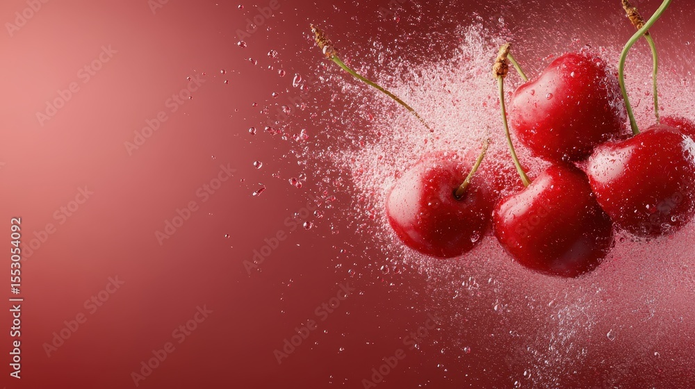 Poster a collection of glistening fresh cherries splashes into water, creating a vibrant and dynamic visual