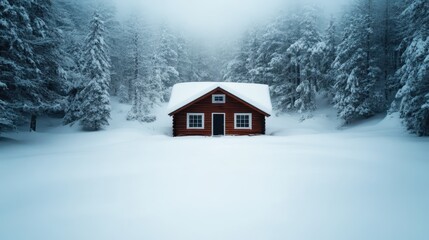 A charming red cabin sits isolated in a serene snowy landscape, shrouded by winter’s beauty which evokes a sense of calm, solitude, and tranquility in a picturesque winter scene.