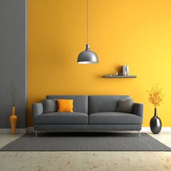 Stylish interior design of a living room with a sofa, a lamp, a shelf, and other decorations