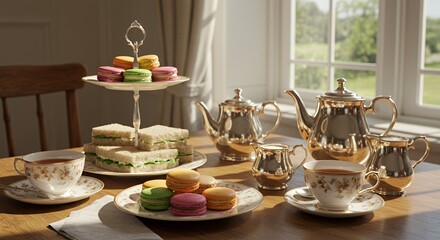 Sunlit Afternoon Tea: Elegant Silver Tea Set and Delicate Macarons