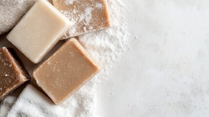 This close-up image captures an assortment of artisan soap bars arranged on a textured surface, presenting a beautiful composition that highlights the organic nature and craftsmanship of these produc