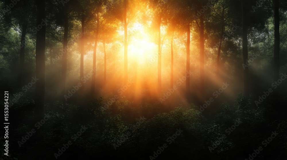 Poster soft sunlight beams pour through the high canopy of trees in a dense forest, creating an ethereal an