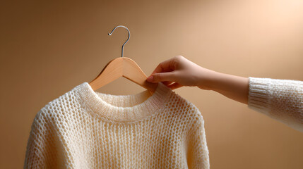 Slender arm extended from the side holding a cream knitted sweater on a thick wooden hanger, warm pastel beige background