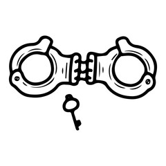 Police handcuffs with key. Hand drawn doodle vector. Equipment for detaining a criminal. Metal object holding hands together. Illustration line art element.