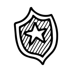 Police badge. Hand drawn doodle vector. Special identification item in the form of a metal shield. Officer number card. Uniform equipment. Illustration line art element.