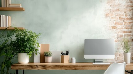 An elegant home office design is illustrated here, featuring greenery along with a modern desk setup against a soothing light wall, promoting creativity and productivity.