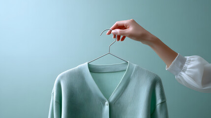Gentle arm reaching from above holding a pastel mint green cardigan on a slim plastic hanger, light pastel aqua background