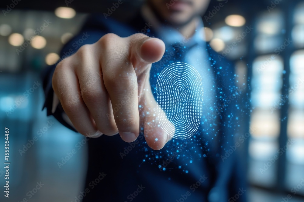 Poster businessman activates advanced encryption and biometrics for secure data access in cyberspace