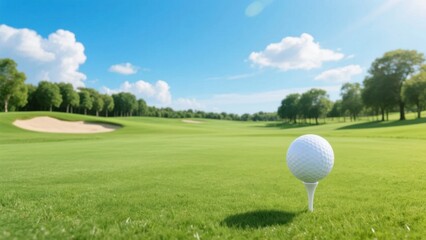 Fototapeta premium A golf ball rests on the emerald - green fairway, with the blue sky, white clouds, and a sand trap in the background, showcasing an elegant scene of golf.