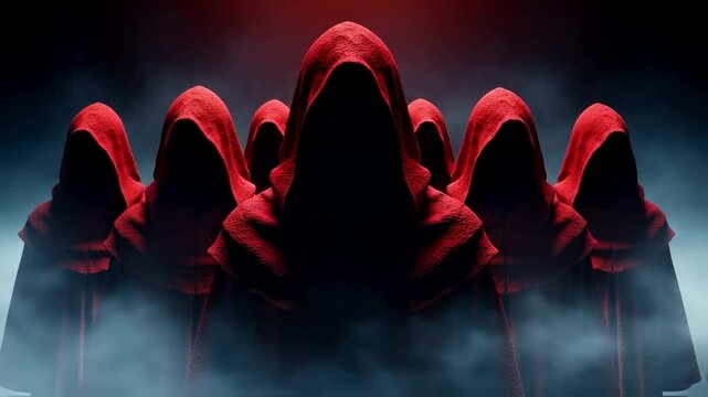 Group of faceless figures in red hoods stand together in a dark, smoky atmosphere, evoking mystery, anonymity or menace, suitable for secret society or thriller genre concepts - Powered by Adobe
