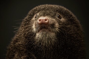 Close-up of a fuzzy, adorable mole with tiny, glistening eyes under soft studio lighting.